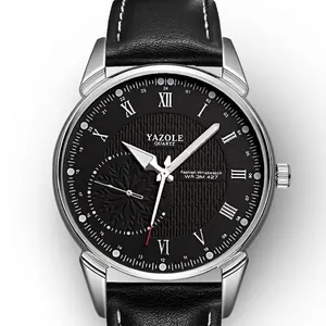 Men's fashion business quartz watch with black leather strap and embossed dial texture