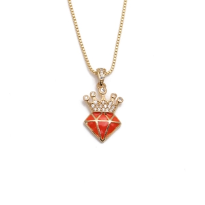 Zircon crown pendant necklace in gold finish with red enamel and sparkling stones