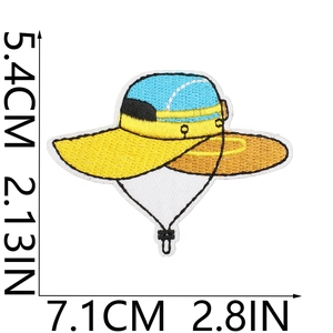 Detailed embroidery view of fisherman hat patch with dimensions 7.1cm by 5.4cm