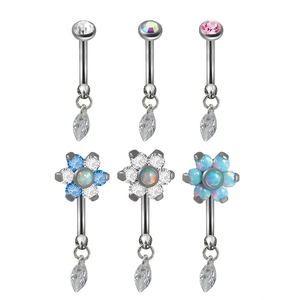 Set of 6 G23 titanium belly rings with colorful zircon and opal teardrop pendants
