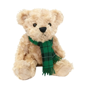 Sitting light brown teddy bear plush with a green plaid scarf on a white background