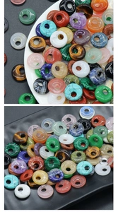 Detailed view of assorted natural crystal stone donut charms in various colors and textures