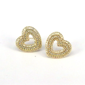 Luxury heart-shaped gold studs with micro-paved white zircons in a nested design