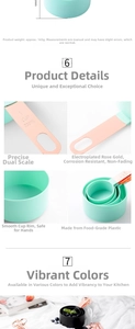 Close-up of measuring cup with rose gold handle and dual scale engraved markings