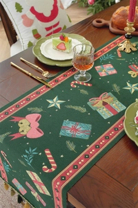 Detailed view of jacquard table runner with festive Christmas gift and pine motifs
