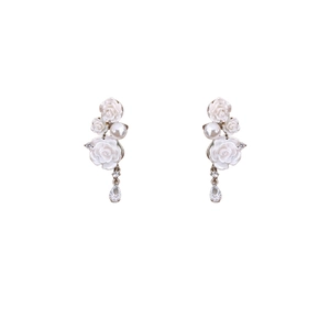 Elegant rose flower earrings with pearl and teardrop crystal pendant in silver finish