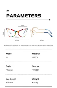 Detailed size specifications for metal butterfly frame anti-blue light glasses for unisex