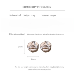 Detailed view of textured square metal earrings with size specs and copper material info
