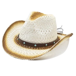 Straw cowboy hat in cream with turquoise studs and brown gradient brim, 45-degree angle