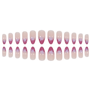 Short almond press-on nails with deep pink French tips and purple star designs