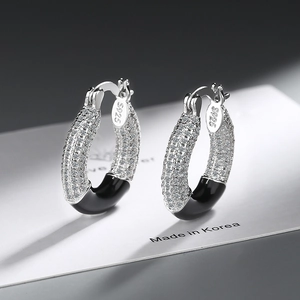 Elegant S925 silver donut hoop earrings with black enamel and micro-pave cubic zirconia