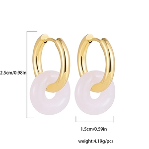 18K gold plated stainless steel hoop earrings with pink natural stone pendants 2.5cm