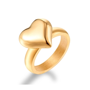 Minimalist gold titanium steel ring with a 3D heart-shaped motif and polished finish
