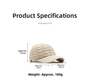 Detailed size specifications for beige knit baseball cap with cable stitch pattern