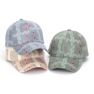 Fashionable baseball caps with mesh prints and red star in blue, cream, and grey green