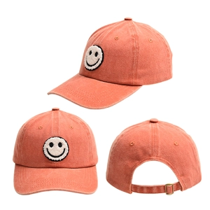 Detailed views of cotton baseball cap with smiley face embroidery and metal buckle