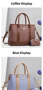 Vertical display of color-block tote bags in coffee and blue with matching coin purses