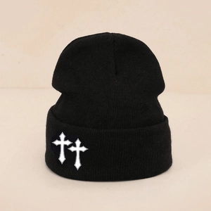 Classic black knitted beanie with white double cross embroidery patches for winter warmth