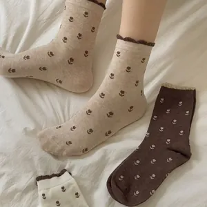 Chaussettes vintage en coton à fleurs de tulipe avec bordure à volants pour femme
