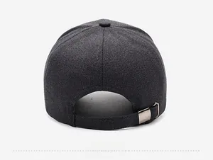 Detail view of the back of a dark gray baseball cap with adjustable metal buckle strap