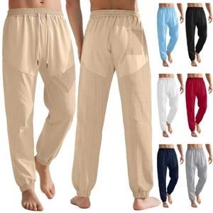 Men Jogger Sweatpants Lightweight Faux Linen Grid Texture Drawstring Elastic Waist Casual Sporty Loose Summer Trousers