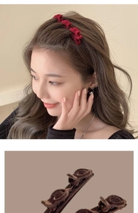 Detail of red and brown velvet floral hair clips featuring double-layered braiding design