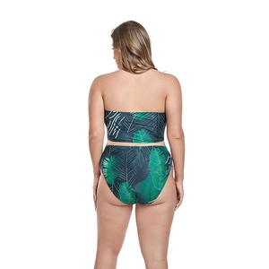 Detail of plus size tropical leaf print bikini back with high waist bottom