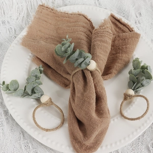 Napkin Rings Jute Rope Wood Bead Artificial Eucalyptus Leaves Frosted Rustic Handmade Thanksgiving Table Decoration
