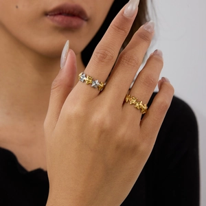 Star Open Ring 18K Gold Plated Stainless Steel Adjustable Waterproof Anti Allergy Geometric Two Tone Fashion Women Jewelry