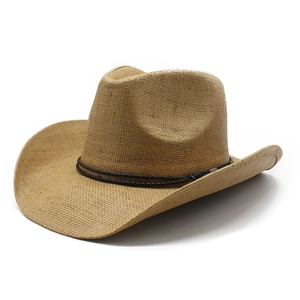 Classic straw western cowboy hat with black braided leather band on white background