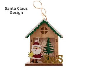 Detail of wooden Santa Claus Christmas house ornament with XMAS glitter and hemp rope