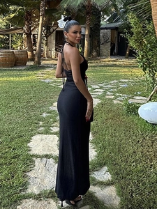 Robe longue moulante noire à licou et dos nu présentée par un mannequin en extérieur