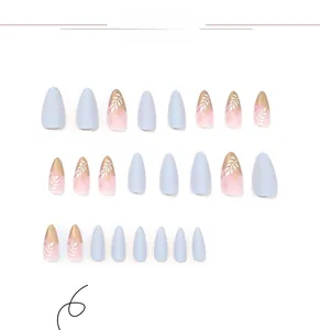 Detail of almond nails with purple matte and gold foil leaf art on 24 piece set