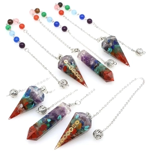 Chakra crystal pendulum set with resin stones and hexagonal cone charms for meditation