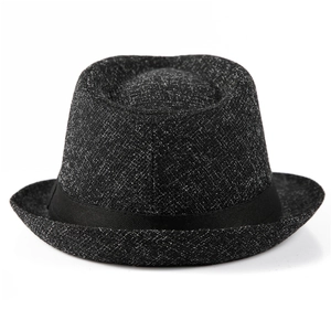 Classic men's vintage fedora hat in black-gray textured fabric with elegant silk band