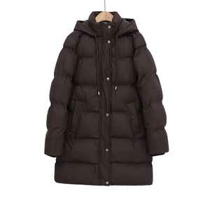 Women's chocolate brown hooded puffer coat with quilted texture and gold metal snaps
