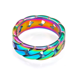 Macro view of rainbow-plated stainless steel chain ring with metallic colorful texture