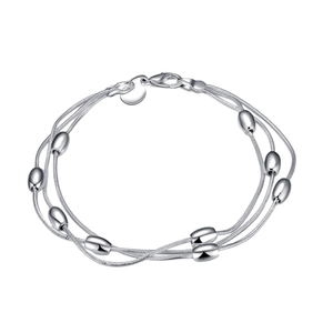 Three-strand silver-plated snake chain bracelet with polished oval beads and lobster clasp