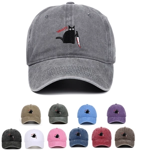 Vintage Gewaschene Baumwolle Baseballkappe Lustige Schwarze Katze Mit Messer Stickerei What Snapback Sonnenschutz Hut Für Herren Damen Outdoor