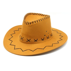 Close-up of brown western cowboy hat featuring black decorative stitching and metal eyelets
