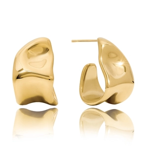 Glossy gold square C-shaped hoop earrings in 14K stainless steel on white background