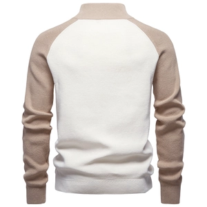 Back view of men's beige and white knit sweater with half-zip stand collar design