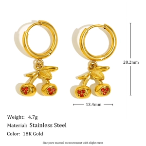 18K gold plated stainless steel cherry drop earrings with red crystal accents