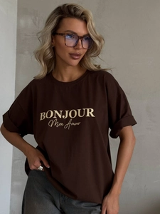 T-shirt femme marron foncé ample avec imprimé lettres BONJOUR Mon Amour et col rond