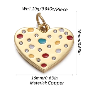 Detail of gold heart pendant with colorful enamel dots and micro-set cubic zirconia stones