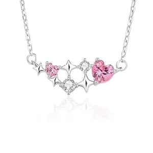 Pink Heart Cubic Zirconia Star Pendant Necklace 925 Sterling Silver Dainty Clavicle Chain For Women Girls Romantic Gift