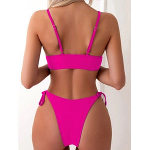 Back view of sexy rose red two-piece bikini featuring adjustable straps and high cut bottoms