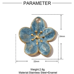 Detail of blue enamel flower pendant with gold edges and dimensions 24mm by 22mm