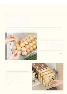 Close-up of clear plastic kitchen drawer for eggs and snacks with round handle design