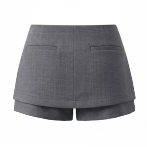 Gonna pantalone a trapezio grigio scuro da donna con tasche posteriori e orlo a balze